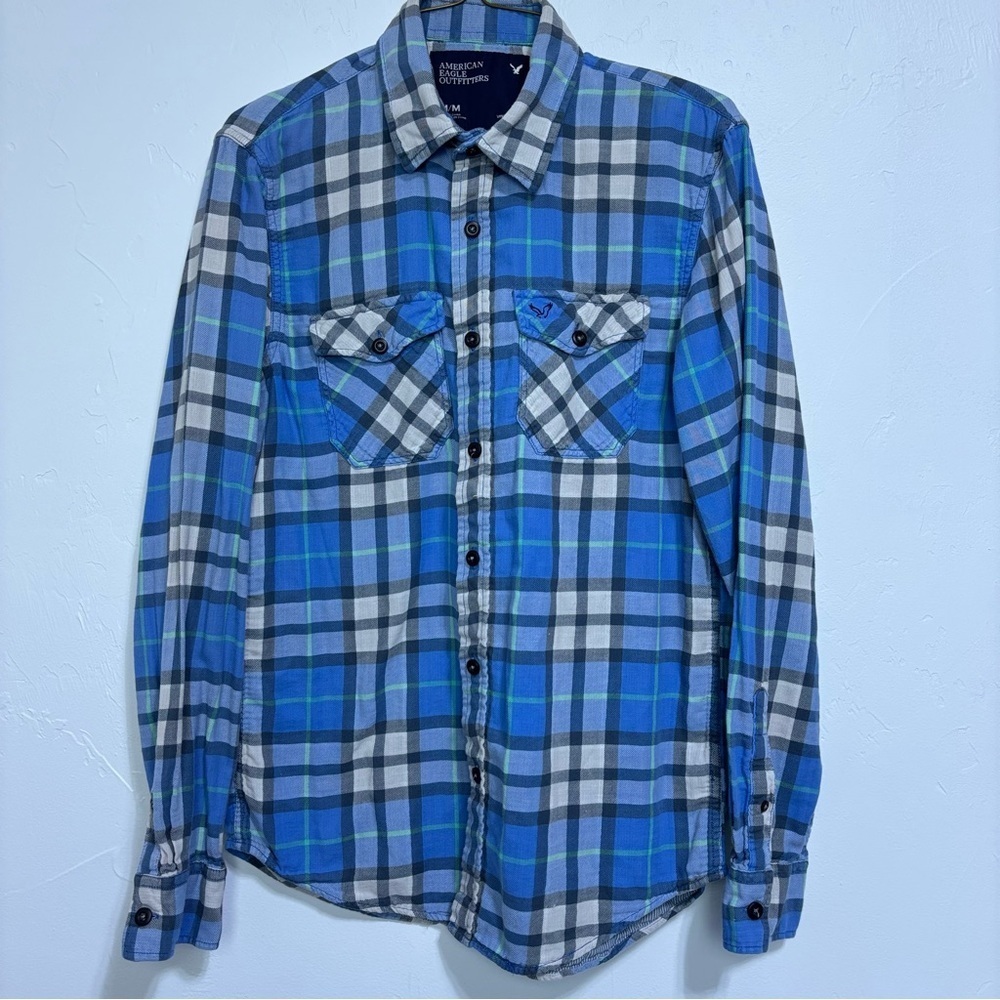 American Eagle Outfitters Blue Flannel Plaid Button Down Shirt Men's Medium